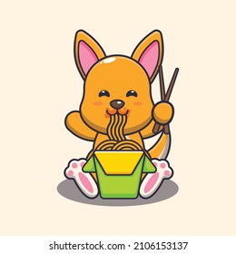 Cute kangaroo eating noodle cartoon vector illustration