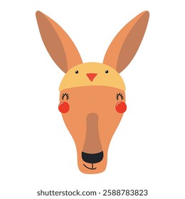 Cute kangaroo face in chick hat Easter character illustration. Hand drawn flat style design, isolated vector. Holiday clip art, seasonal card, banner, poster, kids print element