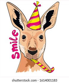 
Cute Kangaroo in festive cap. Smile - lettering quote. Humor card, t-shirt composition, hand drawn style print. Vector illustration.