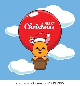 Cute kangaroo fly with air balloon in Christmas day. 
Cartoon vector illustration in Christmas day.