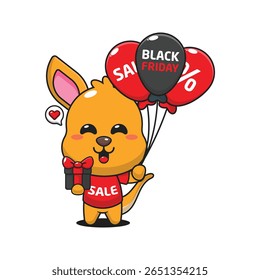 canguru bonito com presentes e balões na sexta-feira preta venda desenho animado vetor ilustração