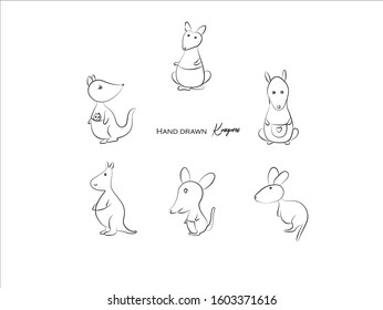 cute kangaroo hand drawn icon vector set line art, Doodle Cartoon Animals in black and white style, Perfect for invitations,greeting cards, prints, posters