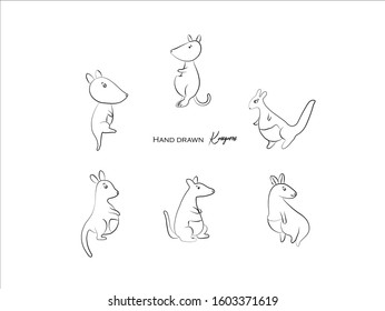 cute kangaroo hand drawn icon vector set line art, Doodle Cartoon Animals in black and white style, Perfect for invitations,greeting cards, prints, posters