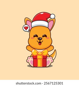 Cute kangaroo  happy with christmas gift cartoon vector illustration. 
Cartoon vector illustration in Christmas day.