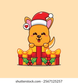 Cute kangaroo is happy to receive a Christmas gift cartoon vector illustration. 
Cartoon vector illustration in Christmas day.