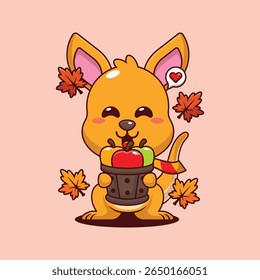 Cute kangaroo holding a apple in wood bucket in autumn day cartoon vector illustration