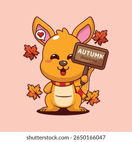 Cute kangaroo holding autumn sign board in autumn day cartoon vector illustration