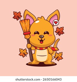 Cute kangaroo holding broom in autumn day cartoon vector illustration