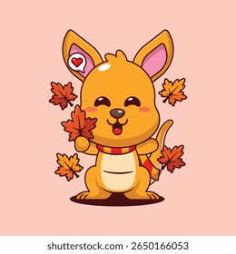 Cute kangaroo holding maple leaf in autumn cartoon vector illustration