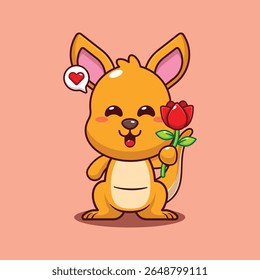 Canguru bonito segurando flor de rosa desenho animado vetor ilustração