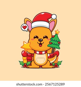 Cute kangaroo holding star and christmas tree cartoon vector illustration. 
Cartoon vector illustration in Christmas day.