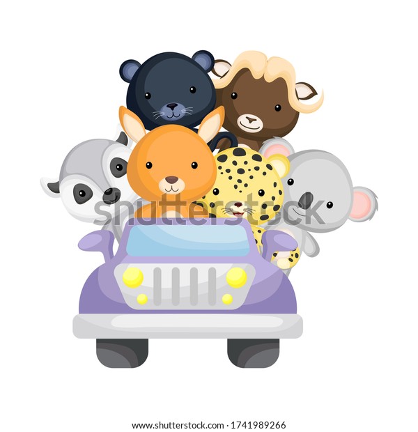 Cute kangaroo, jaguar, koala, lemur, panther,\
muskox travel in car. Graphic element for childrens book, album,\
postcard, mobile game. Zoo theme. Flat vector illustration isolated\
on white background.