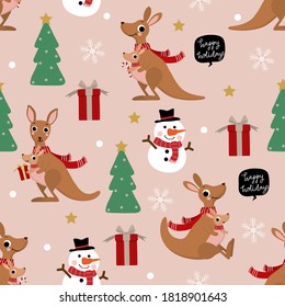 Cute kangaroo and joey in winter costume seamless pattern. Animal in Christmas holidays cartoon character background. -Vector