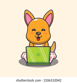 Cute kangaroo with laptop cartoon vector illustration