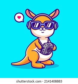 Música Cute Kangaroo Escuchando Con Boombox Y Ilustración Del Icono Del Vector De Caricatura De Auriculares. Vector Premium Aislado De Concepto De Icono De Música Animal. Estilo de dibujo plano