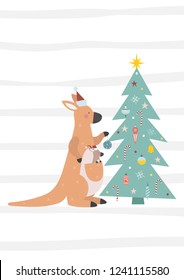 Cute kangaroo with a little kangaroo decorate the Christmas tree. Vector illustration in a scandinavian style.