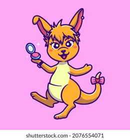 Cute Kangaroo With Make Up Cartoon Vector Icon Illustration. Animal Beauty Icon Concept Isolated Premium Vector. Flat Cartoon Style