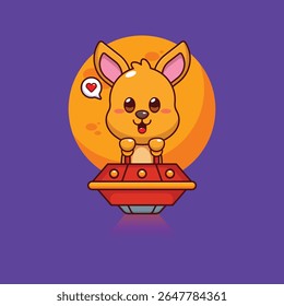 Bonito mascote canguru personagem de desenho animado personagem ilustração voar com ufo