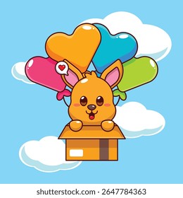 Bonito mascote canguru personagem de desenho animado personagem ilustração voar com balões