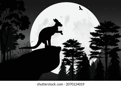 cute kangaroo and moon silhouette