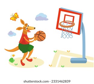 Cute kangaroo playing basketball. Sports for children. Cartoon character and sports playground. Vector isolated illustration on white background. 