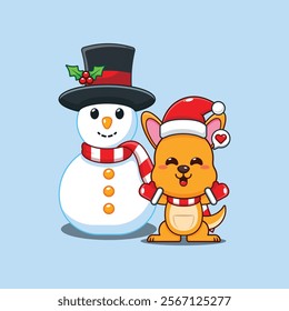 Cute kangaroo playing with Snowman cartoon vector illustration. 
Cartoon vector illustration in Christmas day.