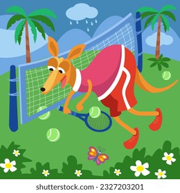 Cute kangaroo playing tennis outside. Summer landscape with palm trees. Sport for children. Tennis racket, ball, sports net. Vector cartoon illustration, scene for games, puzzles. 