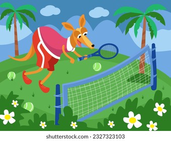 Cute kangaroo playing tennis outside. Summer landscape with palm trees. Sport for children. Tennis racket, ball, sports net. Vector cartoon illustration, scene for games, puzzles. 