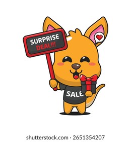 canguru bonito com sinal de promoção e caixa de presente na sexta-feira preta venda desenho animado vetor ilustração	