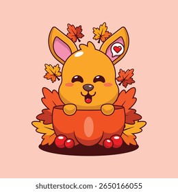 Cute kangaroo in a pumpkin in autumn cartoon vector illustration
