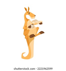 Cute kangaroo reading book cartoon character vector illustration. Comic animal with pouch from Australia isolated on white background. Wildlife concept