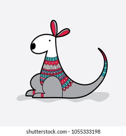 Cute kangaroo with a red and green multi-colour patterned jumper vector illustration on a pale background.