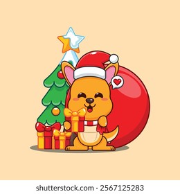 Cute kangaroo as a santa claus carrying bag of presents in Christmas day. 
Cartoon vector illustration in Christmas day.