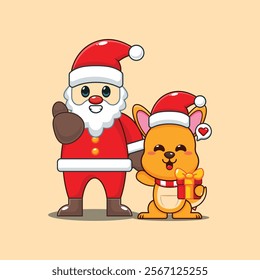 Cute kangaroo with santa claus cartoon vector illustration. 
Cartoon vector illustration in Christmas day.