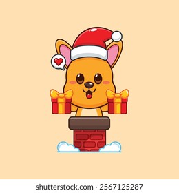 Cute kangaroo with santa hat holding Christmas gift box in the chimney.
Cartoon vector illustration in Christmas day.