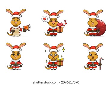 cute kangaroo set, animal character bundles in santa costumes, animals wearing christmas costumes. cartoon in kawaii style, chibi mascot. very suitable for Christmas content. for adult or child