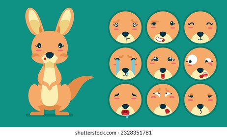 Cute Kangaroo, Reihe von tierischen Emotionen, winziger Känaroo mit Emoji-Kollokation, Schlafen, Weinen, traurig, gelangweilt, glücklich, aufgeregt, liebenswert, überrascht, sorglos, selbstbewusst, erschreckt, betäubt, flatter Vektorgrafik 