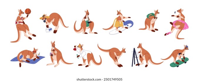 Cute kangaroo set. Funny Australian animal jumps, plays basketball, rides on skateboard, surfboard. Happy mother wallaby with baby in bag. Flat isolated vector illustrations on white background