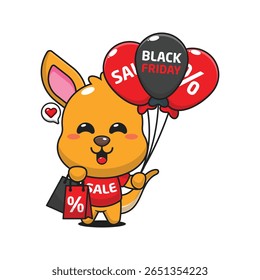 canguru bonito com saco de compras e balão na sexta-feira preta venda desenho animado vetor ilustração