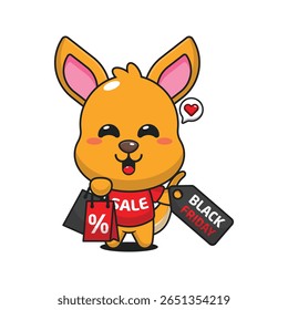 canguru bonito com saco de compras e preto sexta-feira venda desconto desenho animado vetor ilustração