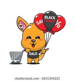 canguru bonito com carrinho de compras e balão na sexta-feira preta venda desenho animado vetor ilustração