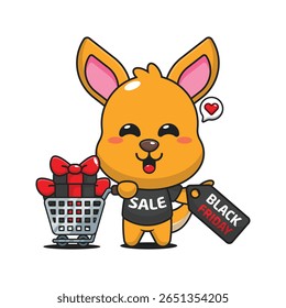 bonito canguru com carrinho de compras e cupom de desconto preto sexta-feira venda desenho animado vetor ilustração