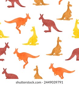 Cute kangaroo silhouettes seamless pattern. Vector watercolor print