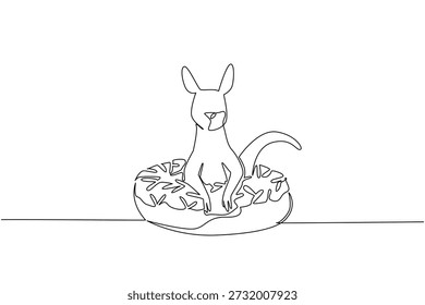 Canguru bonito desenho de linha única apresenta o animal selvagem sentado dentro de uma rosquinha para um conceito de comida. O design minimalista representa um propósito de coloração página para um evento de crianças atividade deco.