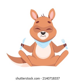 Cute kangaroo sitting and holding fork and knife. Pretty mammal waiting for meal, having dinner or lunch cartoon vector illustration. Wildlife animal, marsupial, food concept