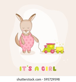 Cute Kangaroo with a Train. Baby Shower or Arrival Card in vector