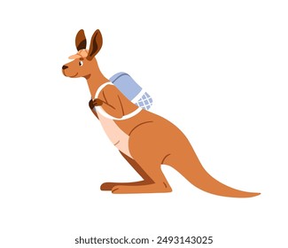 Lindo canguro viajando con mochila. Turista divertido, marsupial australiano de senderismo. Viajero de carácter mamífero en aventura, viaje. Ilustración vectorial plana de los niños aislada sobre fondo blanco