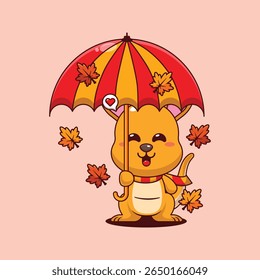 Cute kangaroo with umbrella in autumn cartoon vector illustration