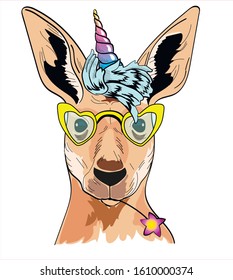 Cute kangaroo in a unicorn costume and glasses. Happy kangaroo Postcard, poster, composition for t-shirts, print in the style of hand-drawn