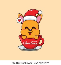 Cute kangaroo wearing Santa Claus hat in cup cartoon vector illustration.
Cartoon vector illustration in Christmas day.